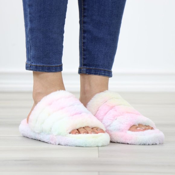 Tie Dye Puff Fuzzy Fluffy Slip On Plush Slippers Diamond Accents - Picture 3 of 15